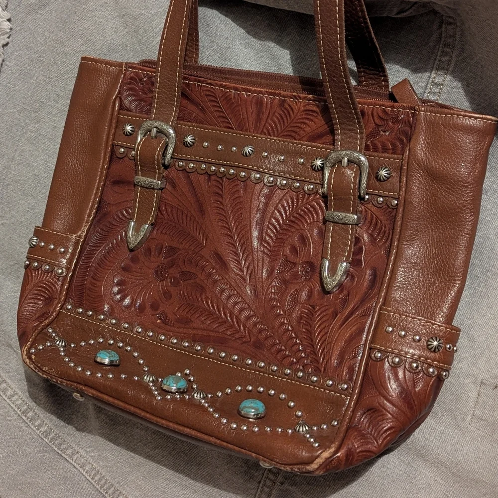 American West Brown Leather Shoulder Bag with Turquoise Accents - Picture 9 of 14